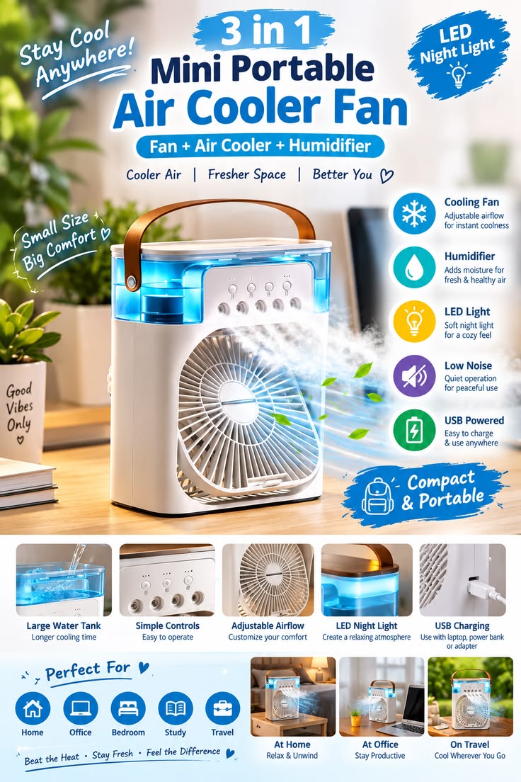 Portable Mini Air Cooler Fan with Water Cooling – 3-Speed USB Personal Air Cooler for Desk, Office & Bedroom | Compact Quiet Cooling Fan
