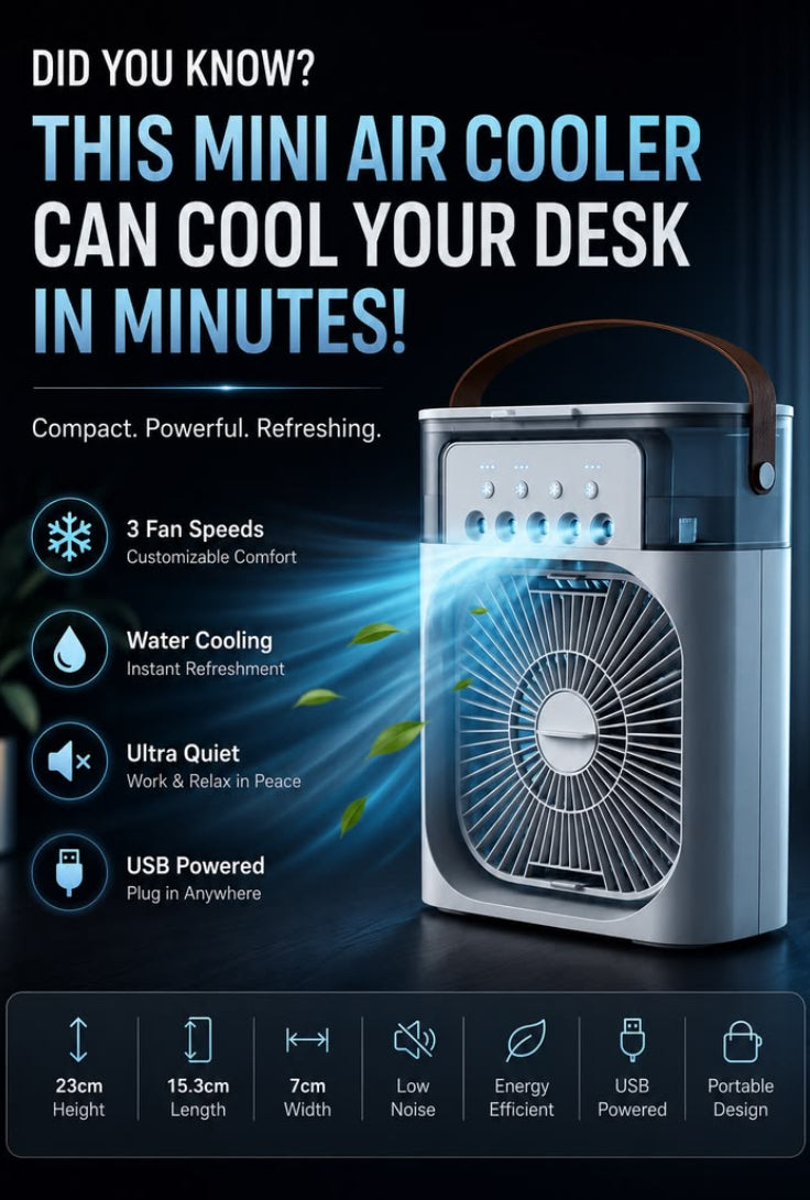 Portable Mini Air Cooler Fan with Water Cooling – 3-Speed USB Personal Air Cooler for Desk, Office & Bedroom | Compact Quiet Cooling Fan